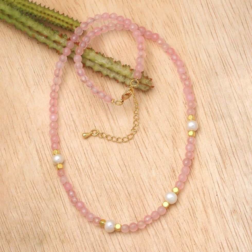 18k Gold-Accented Rose Quartz and Pearl Beaded Necklace 'Pink Cocktail'