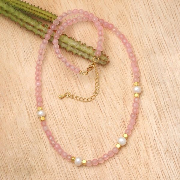 Alternate image for 18k Gold-Accented Rose Quartz and Pearl Beaded Necklace Pink Cocktail
