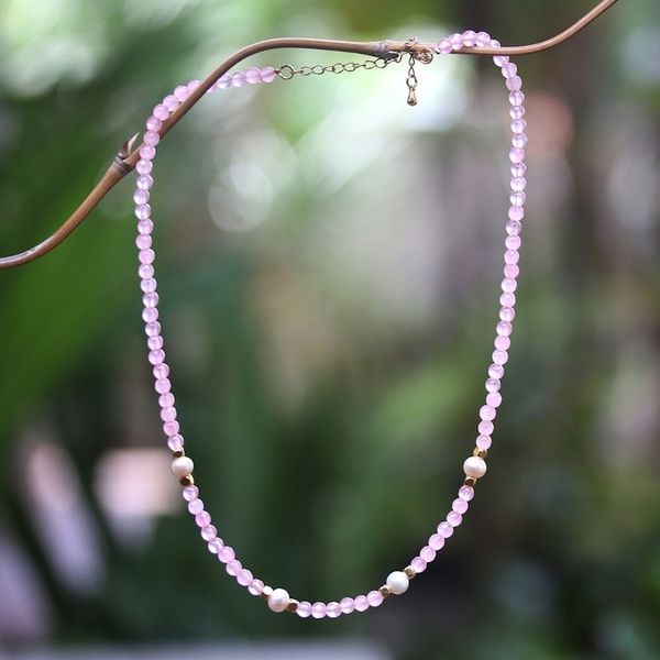 Alternate image for 18k Gold-Accented Rose Quartz and Pearl Beaded Necklace Pink Cocktail