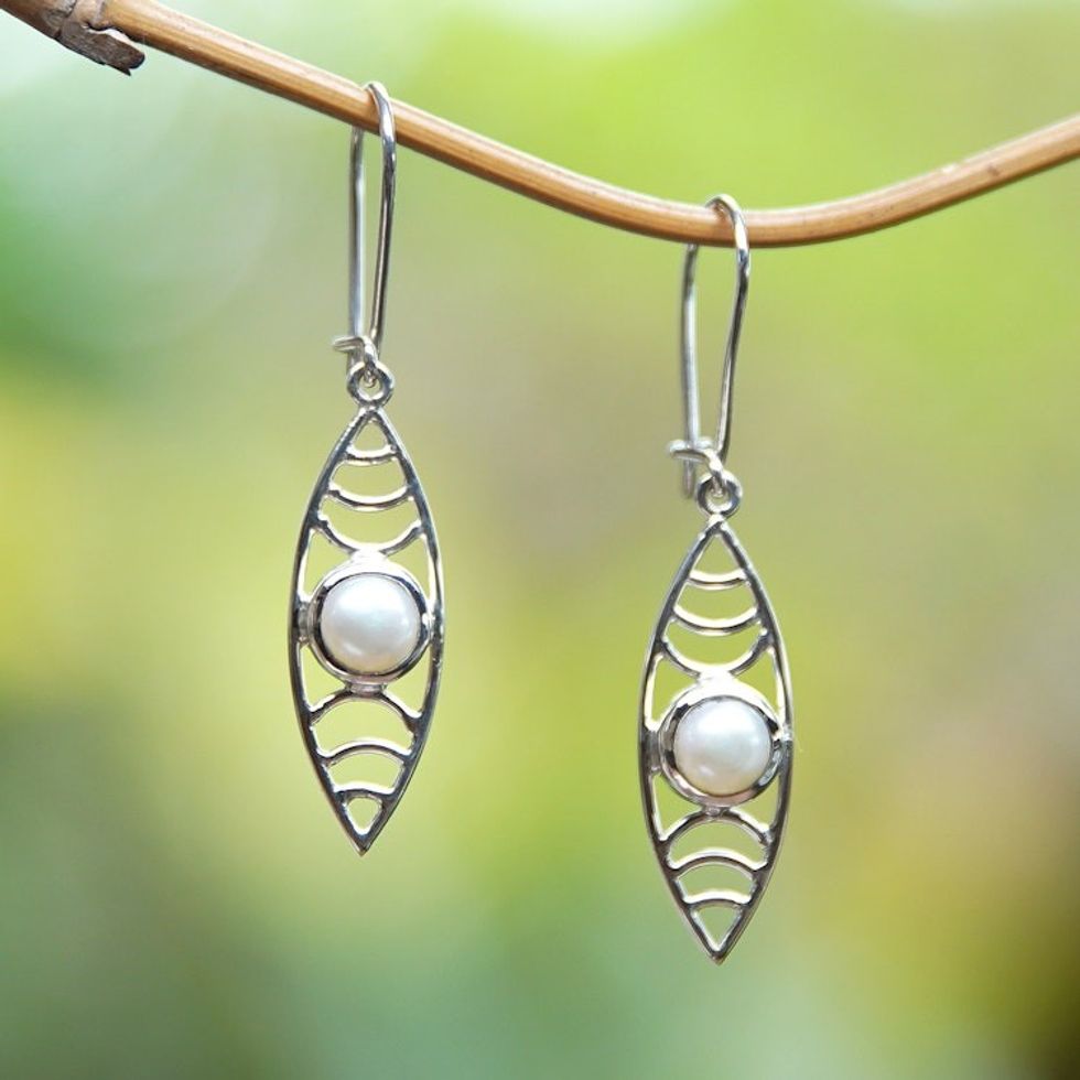 Cultured Pearl Silver Dangle Earrings with Openwork Accents 'Surf Style in White'