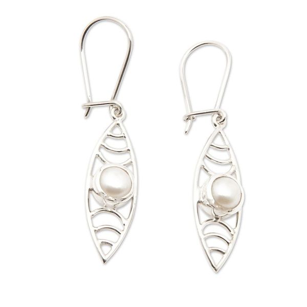 Alternate image for Cultured Pearl Silver Dangle Earrings with Openwork Accents Surf Style in White