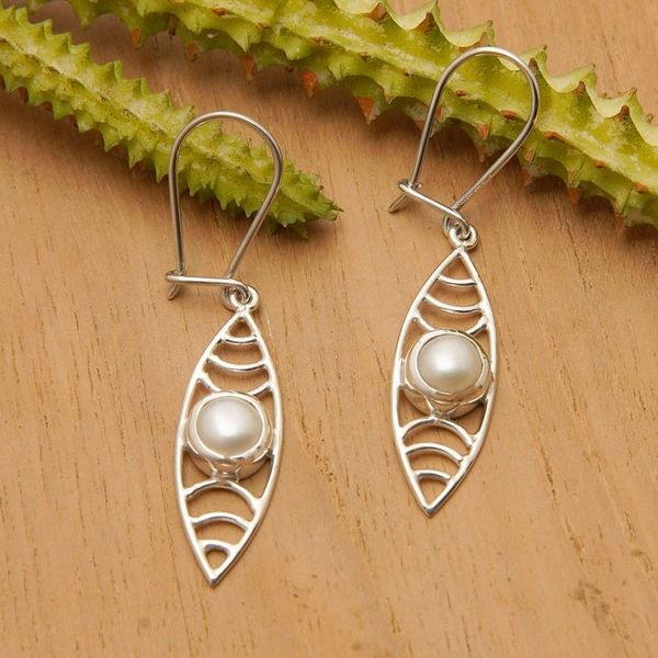 Alternate image for Cultured Pearl Silver Dangle Earrings with Openwork Accents Surf Style in White