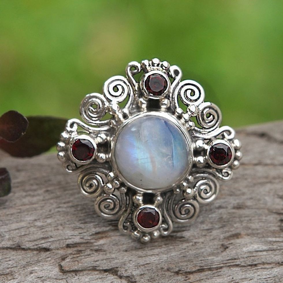 Classic Faceted Garnet and Rainbow Moonstone Cocktail Ring 'Lunar Passion'