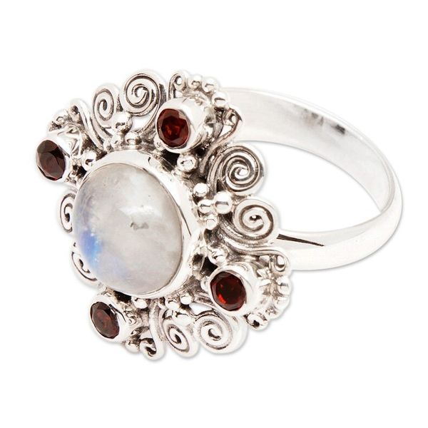 Alternate image for Classic Faceted Garnet and Rainbow Moonstone Cocktail Ring Lunar Passion