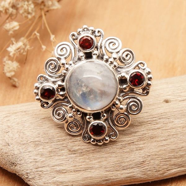 Alternate image for Classic Faceted Garnet and Rainbow Moonstone Cocktail Ring Lunar Passion