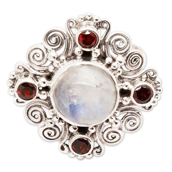 Alternate image for Classic Faceted Garnet and Rainbow Moonstone Cocktail Ring Lunar Passion