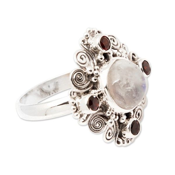 Alternate image for Classic Faceted Garnet and Rainbow Moonstone Cocktail Ring Lunar Passion