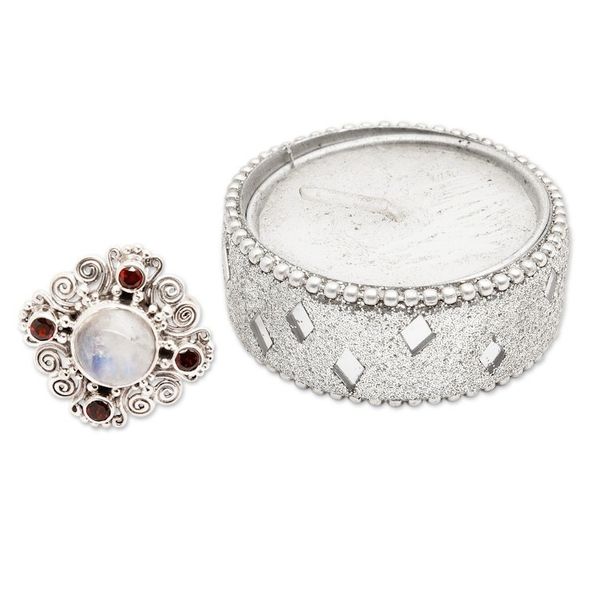 Alternate image for Classic Faceted Garnet and Rainbow Moonstone Cocktail Ring Lunar Passion