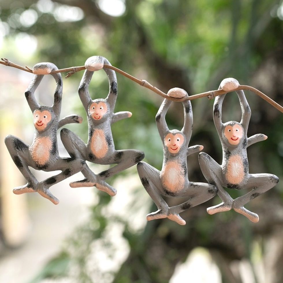 Set of 4 Hand-Painted Albesia Wood Monkey Ornaments 'Playful Jungle'