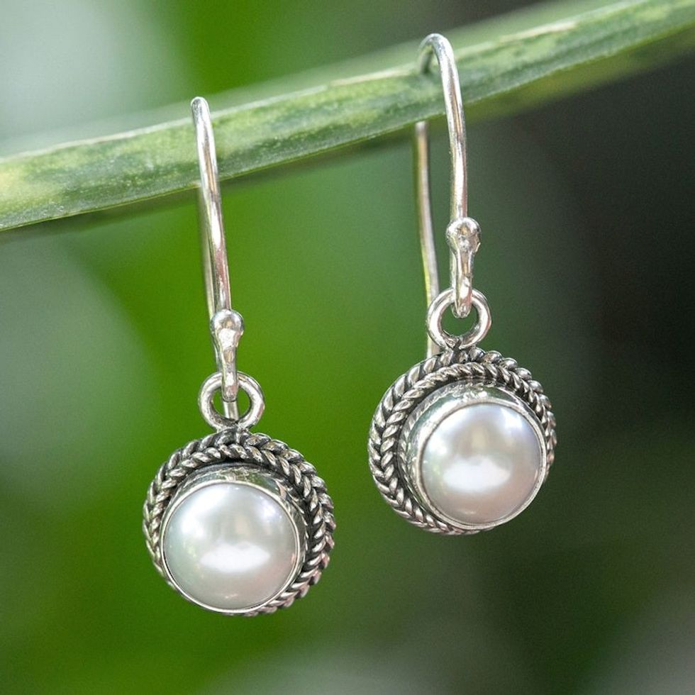 White Pearl with Rose Overtone and Silver Dangle Earrings 'Luminous Aura'