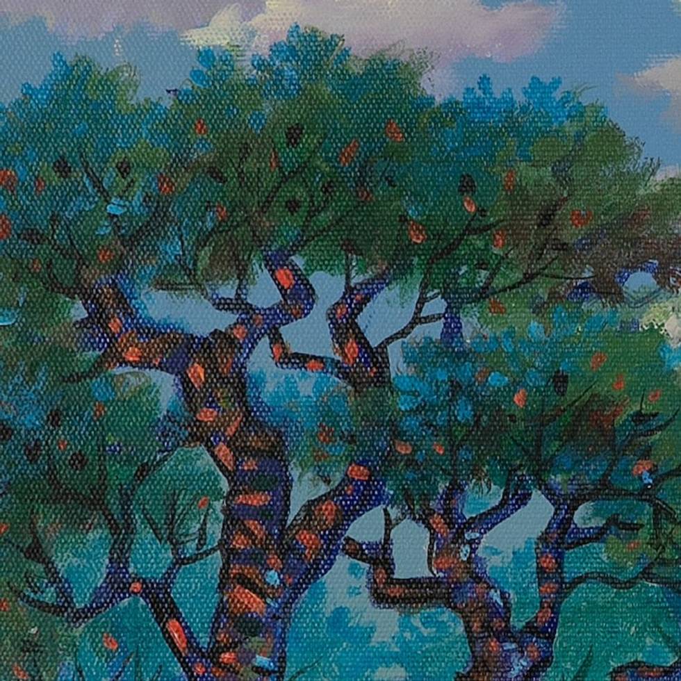 Nature-Themed Impressionist Javanese Forest Acrylic Painting 'Mount Agung Slope'