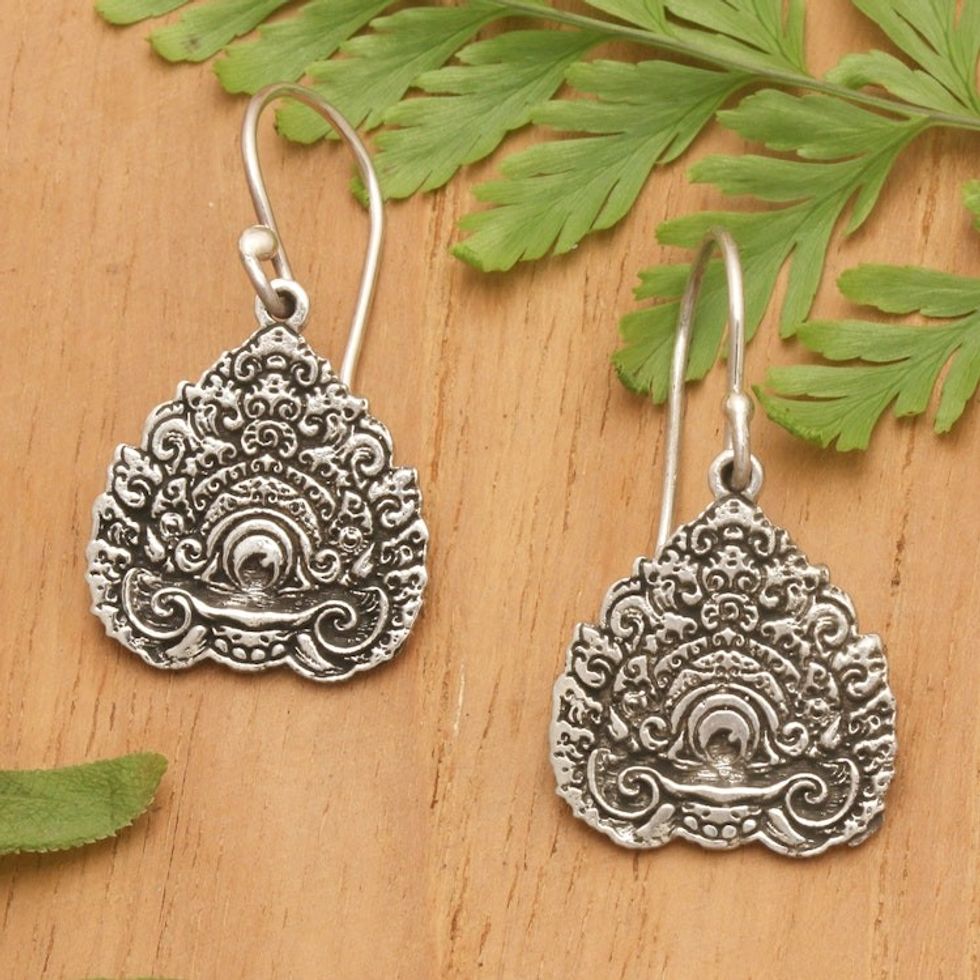Traditional Baris Gede Crown Sterling Silver Dangle Earrings 'Baris Gede Crown'