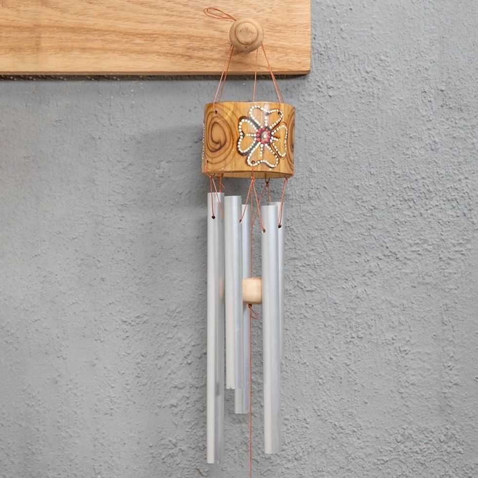 Bamboo and Aluminum Wind Chime with Handmade Floral Motifs 'Melodious Petals'