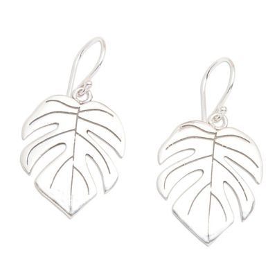 Alternate image for Monstera-Shaped Sterling Silver Dangle Earrings from Bali Blossoming Monstera