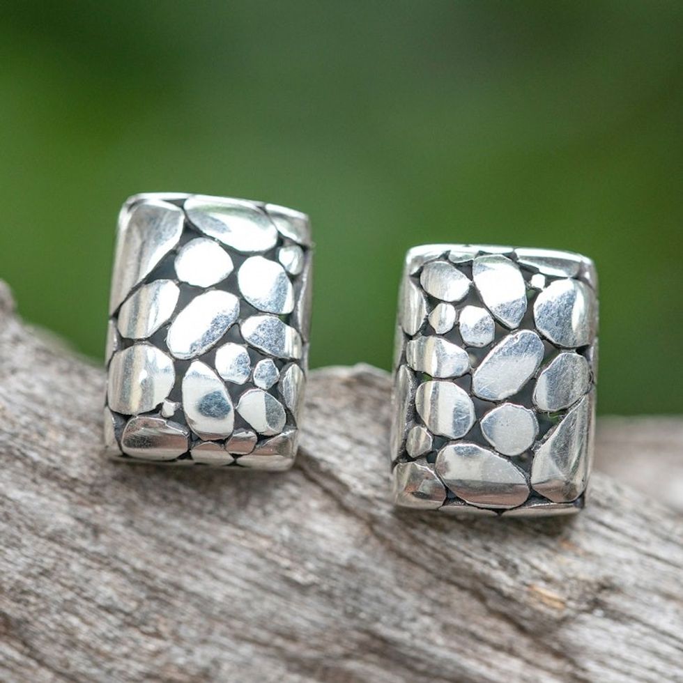 Bubble-Patterned Sterling Silver Button Earrings from Bali 'The Path'