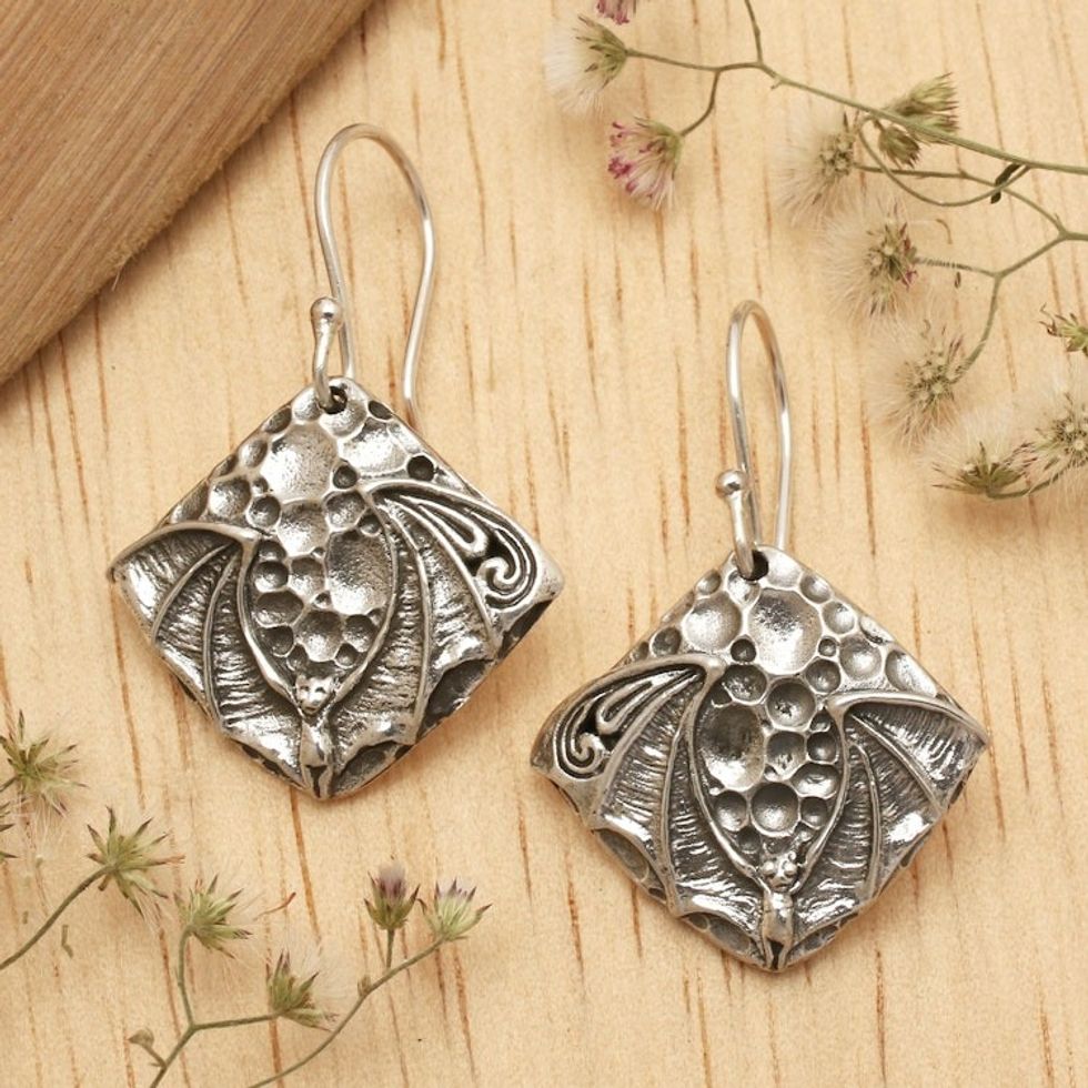Bat-Themed Sterling Silver Dangle Earrings Crafted in Bali 'Bat Memorial'