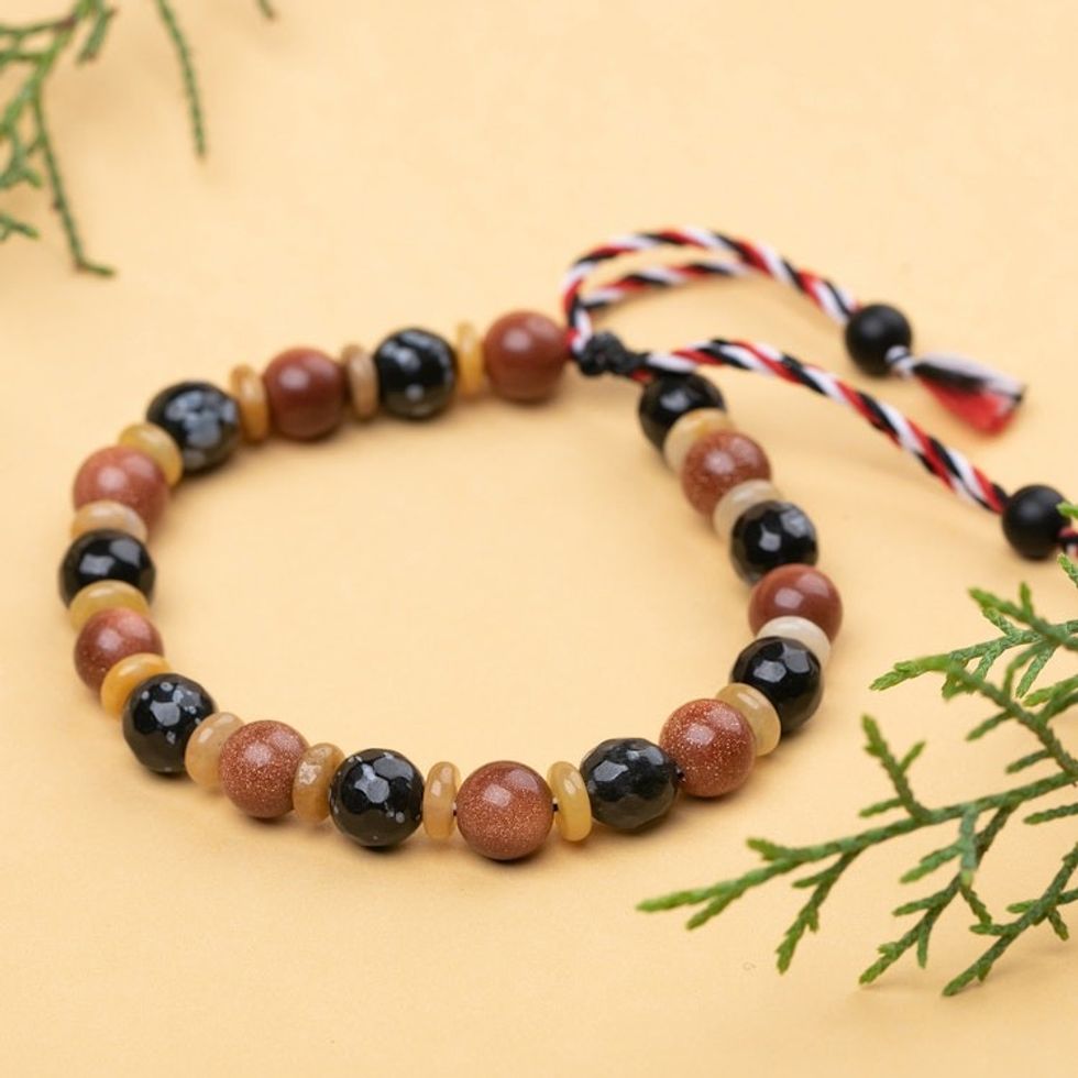 Obsidian Sandstone Onyx Beaded Yoga Tridatu Men's Bracelet 'Tridatu Awareness'