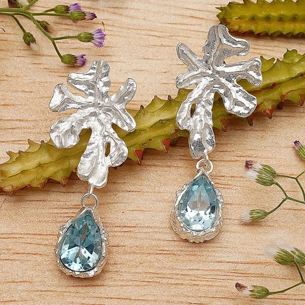 Alternate image for Leaf-Themed Five-Carat Blue Topaz Dangle Earrings from Bali Loyal Staghorn