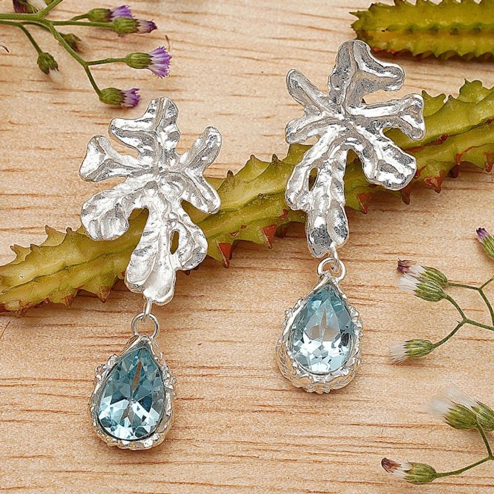 Leaf-Themed Five-Carat Blue Topaz Dangle Earrings from Bali 'Loyal Staghorn'