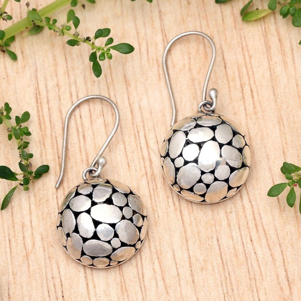 Bubble-Patterned Sterling Silver Dangle Earrings from Bali 'Oval Dance'
