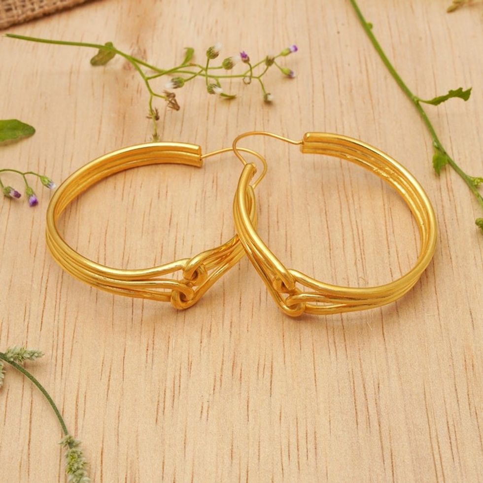 Avant-Garde Polished 18k Gold-Plated Hoop Earrings from Bali 'Golden Bond'