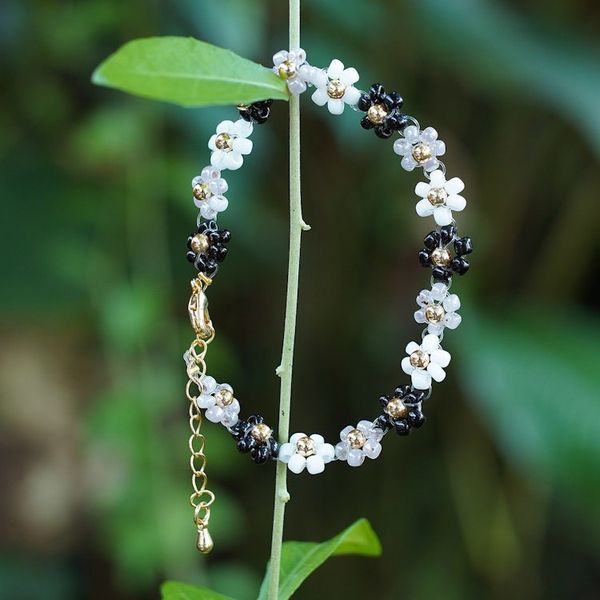 Alternate image for Handcrafted Floral Black and White Crystal Beaded Bracelet Classic Petals