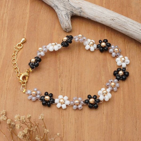 Alternate image for Handcrafted Floral Black and White Crystal Beaded Bracelet Classic Petals