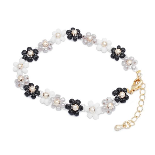 Alternate image for Handcrafted Floral Black and White Crystal Beaded Bracelet Classic Petals