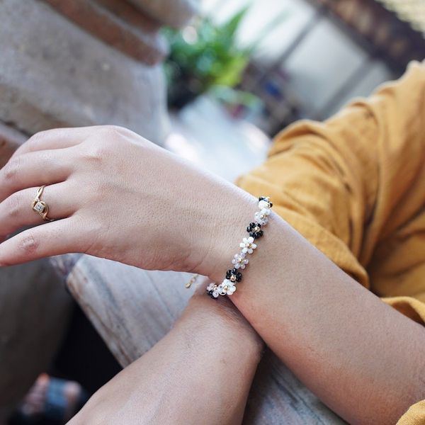 Alternate image for Handcrafted Floral Black and White Crystal Beaded Bracelet Classic Petals
