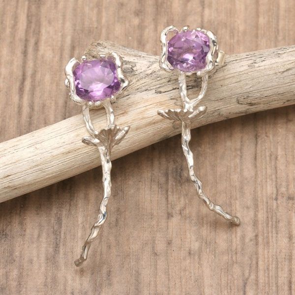 Alternate image for Flower-Shaped Faceted One-Carat Amethyst Drop Earrings Flowers for the Wise