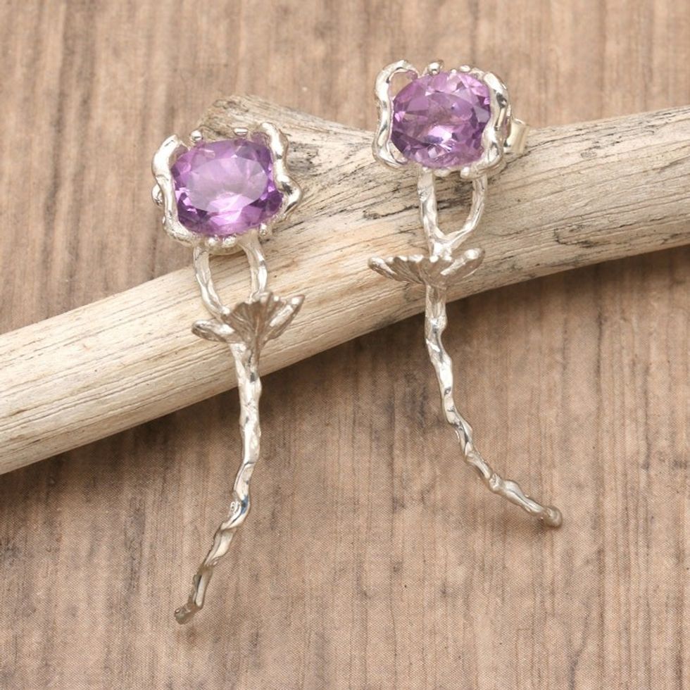 Flower-Shaped Faceted One-Carat Amethyst Drop Earrings 'Flowers for the Wise'