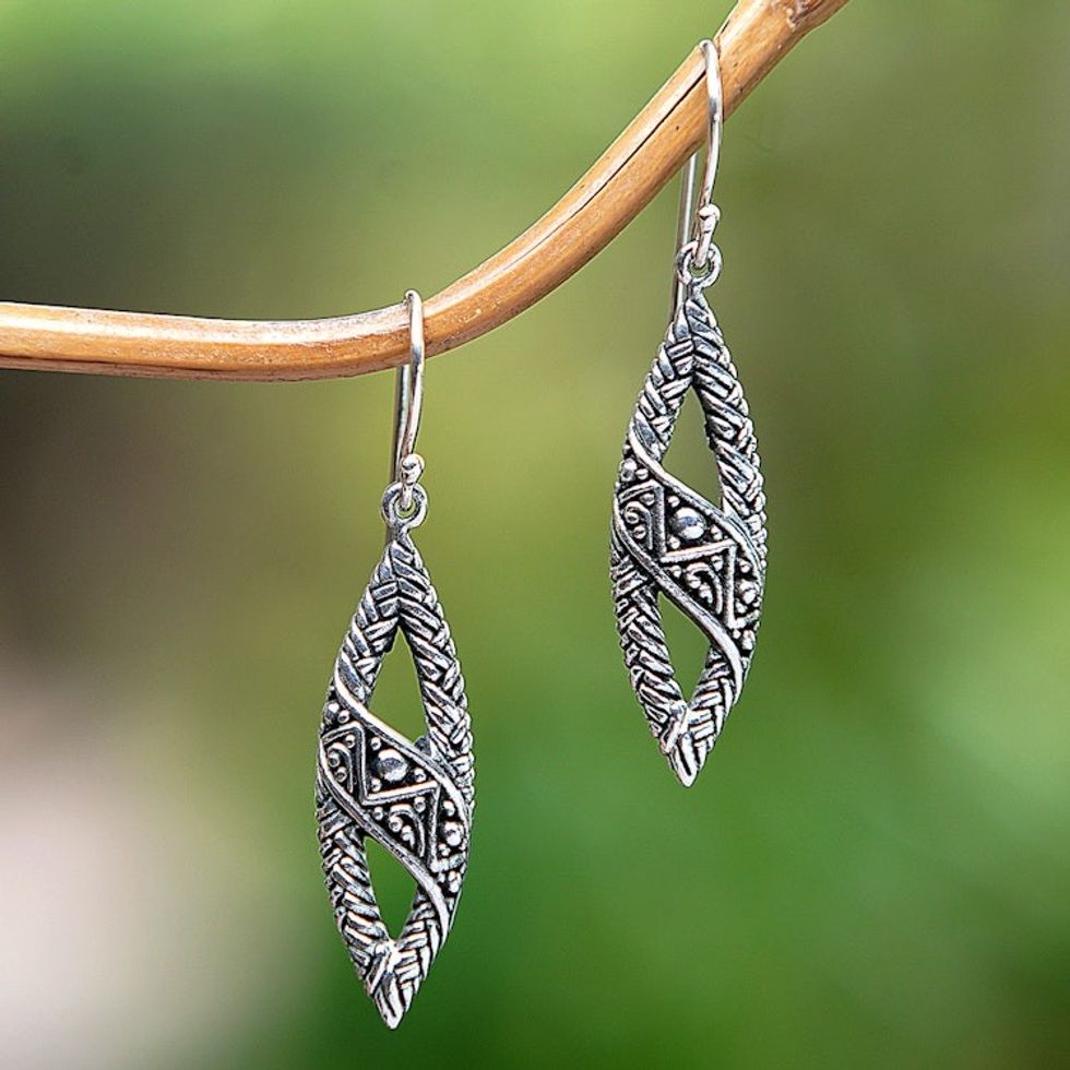 Sterling Silver Dangle Earrings with Textured Balinese Motif 'Bali Style'