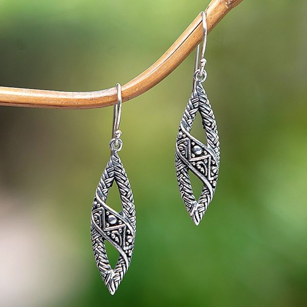 Alternate image for Sterling Silver Dangle Earrings with Textured Balinese Motif Bali Style
