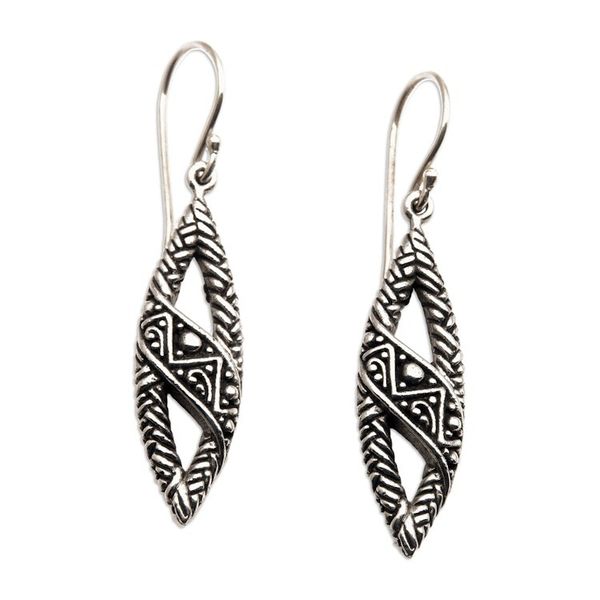 Alternate image for Sterling Silver Dangle Earrings with Textured Balinese Motif Bali Style
