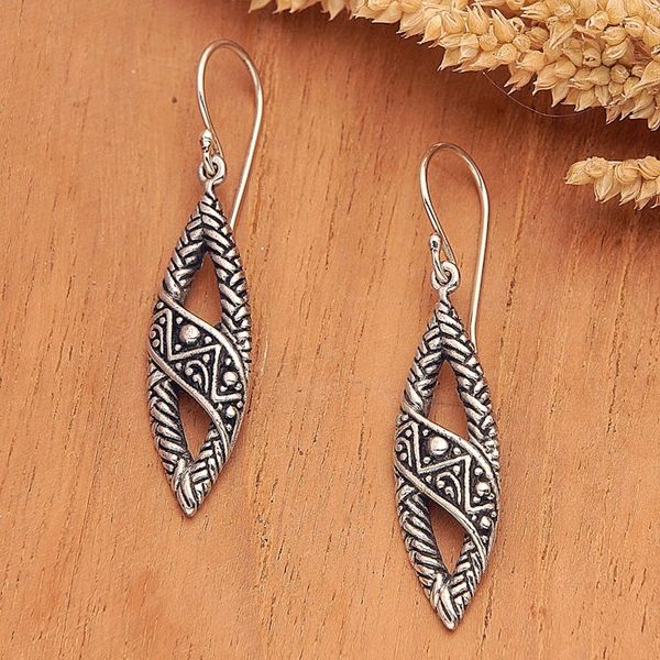 Alternate image for Sterling Silver Dangle Earrings with Textured Balinese Motif Bali Style