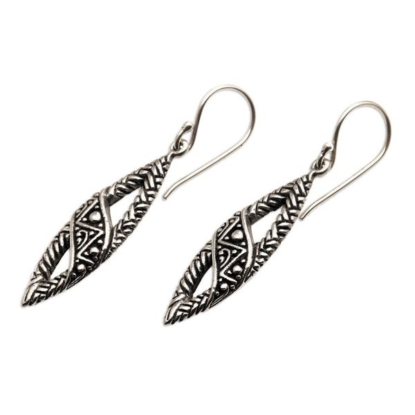 Alternate image for Sterling Silver Dangle Earrings with Textured Balinese Motif Bali Style