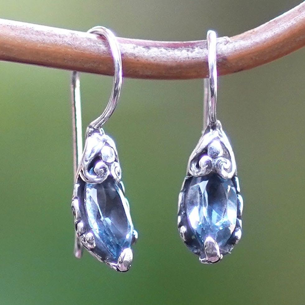 Balinese Silver Drop Earrings with Blue Topaz Gemstones 'Dancing Seeds'