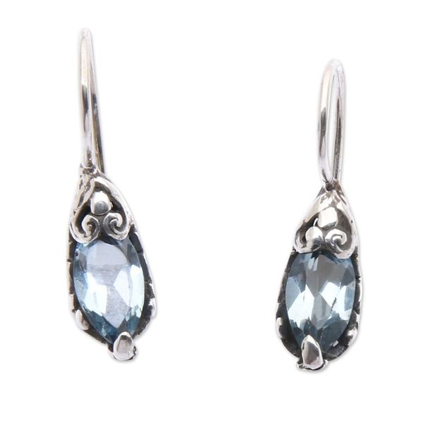 Alternate image for Balinese Silver Drop Earrings with Blue Topaz Gemstones Dancing Seeds