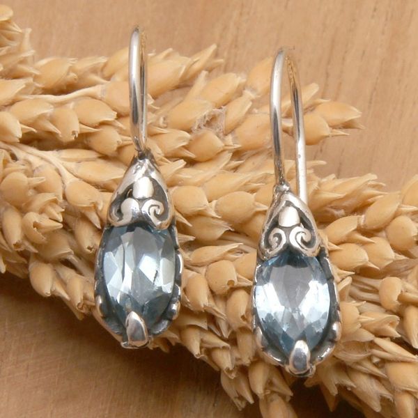 Alternate image for Balinese Silver Drop Earrings with Blue Topaz Gemstones Dancing Seeds