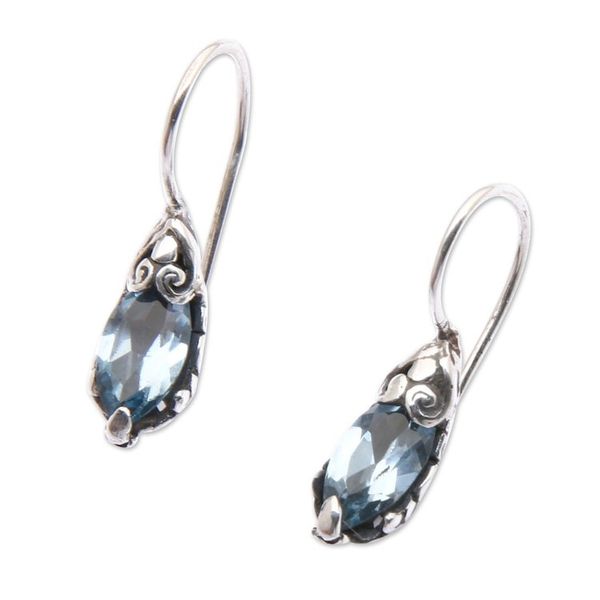 Alternate image for Balinese Silver Drop Earrings with Blue Topaz Gemstones Dancing Seeds