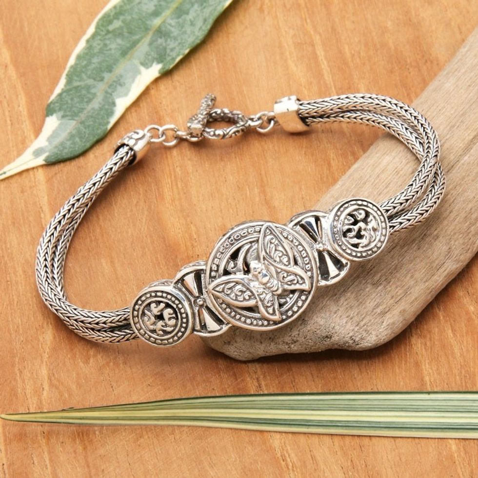 Classic Butterfly-Themed Sterling Silver Pendant Bracelet 'Butterfly Medal'