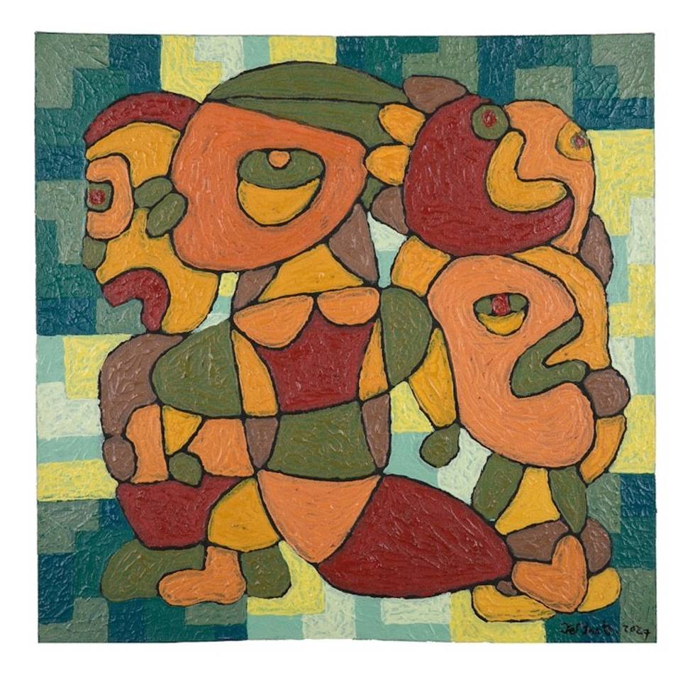 Balinese Acrylic on Canvas Painting in Orange and Green Hues 'Strongest Human'