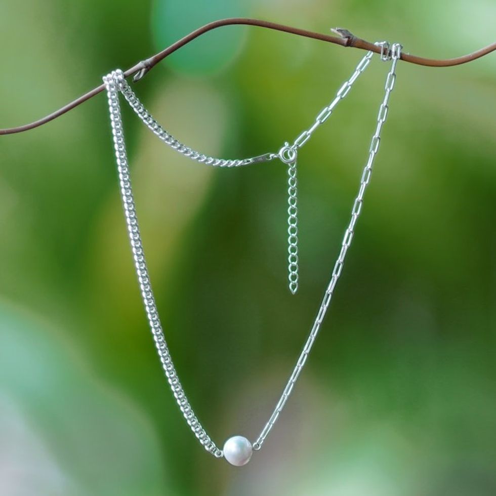 Sterling Silver and White Cultured Pearl Pendant Necklace 'One Nobility'