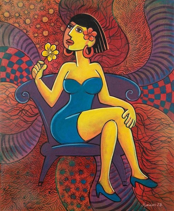 Alternate image for Signed Expressionist Acrylic Painting of Woman and Flowers Woman and Flower