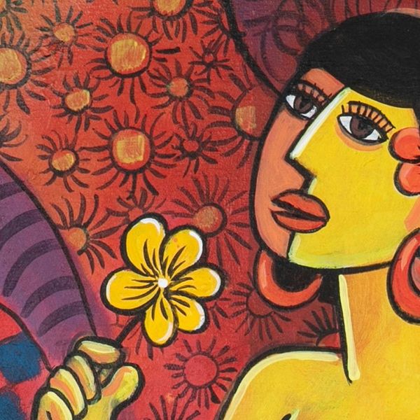 Alternate image for Signed Expressionist Acrylic Painting of Woman and Flowers Woman and Flower