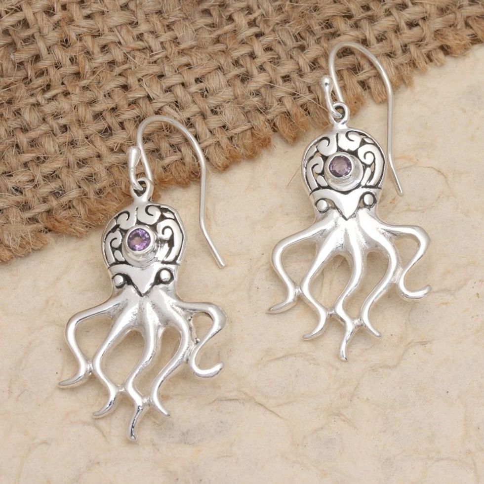 Sterling Silver Octopus Dangle Earrings with Amethyst Stones 'Ocean Octopus in Purple'