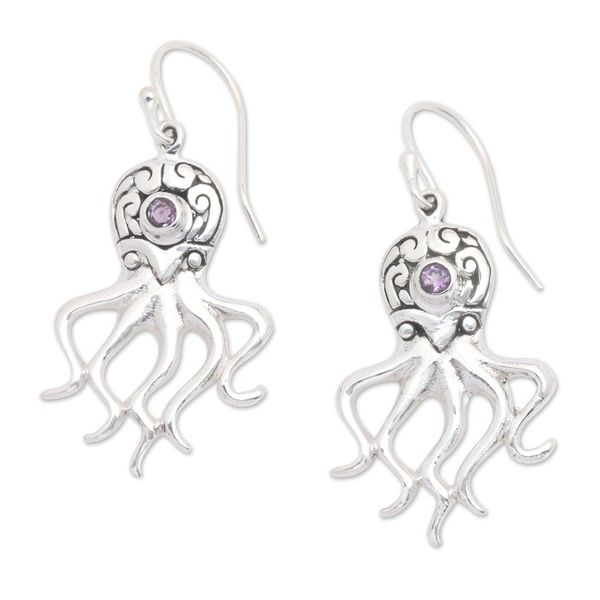 Alternate image for Sterling Silver Octopus Dangle Earrings with Amethyst Stones Ocean Octopus in Purple
