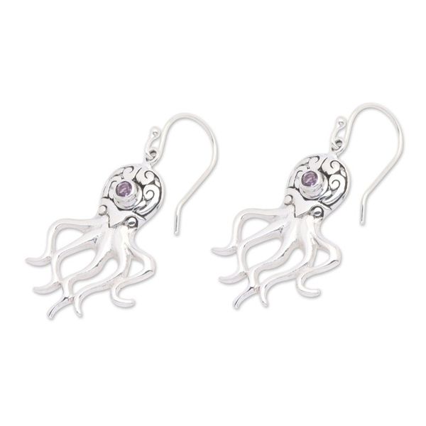 Alternate image for Sterling Silver Octopus Dangle Earrings with Amethyst Stones Ocean Octopus in Purple