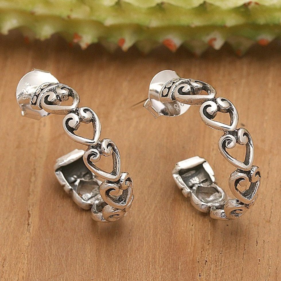 Romantic Heart-Shaped Sterling Silver Half-Hoop Earrings 'Journey of Love'
