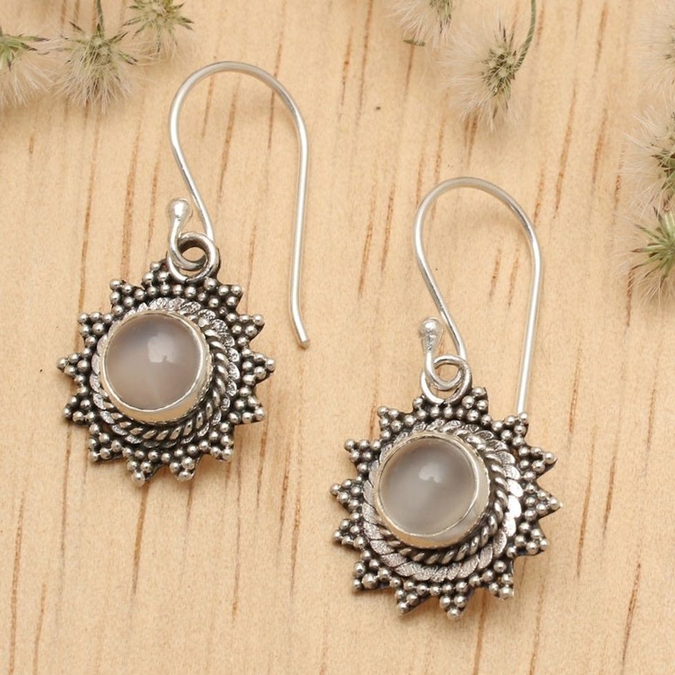 Balinese-Made Natural Rainbow Moonstone Sun Dangle Earrings 'Sunday Moon'
